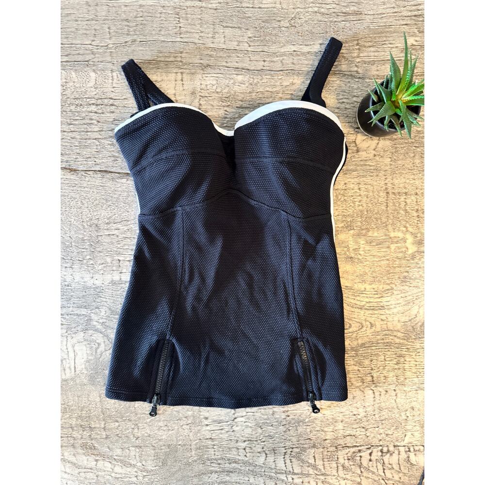 Gottex Black Textured Tankini Top Retro Zip Detail, Built-In Bra, Luxe Swimwear